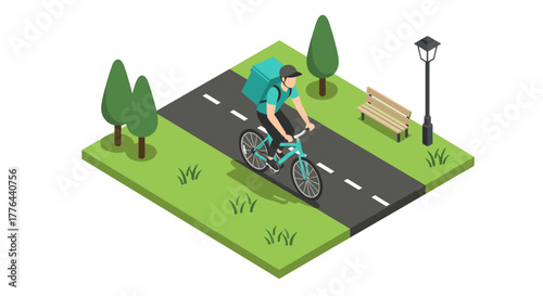 Isometric food delivery cyclist in urban park setting with street lamp