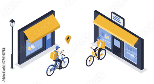 Isometric food delivery scene with cyclists at bakery and grocery store