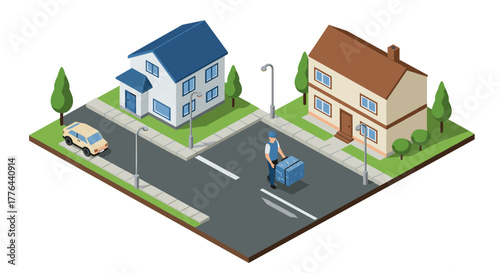 Isometric city scene with courier in residential neighborhood