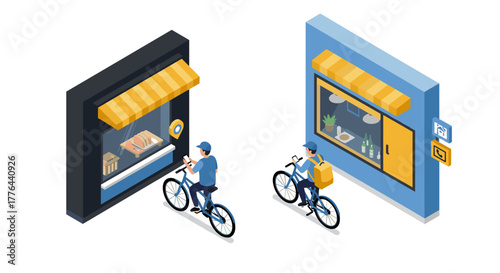 Isometric bicyclists at urban bakery cafe with yellow awning and display window