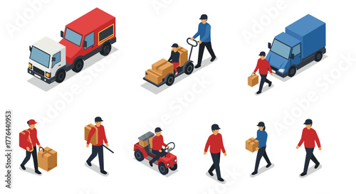 Isometric delivery service vehicles and workers in motion on white background