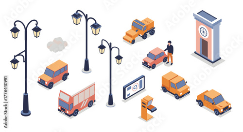 Isometric urban vehicle set with street lamps and modern elements for smart city design
