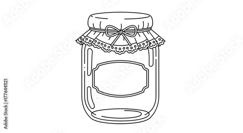 Simple line drawing of an empty glass jar with a lid covered by a decorative fabric and tied with a bow.