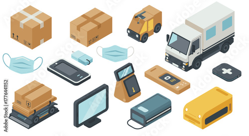 Isometric delivery and technology icons featuring masks and gadgets