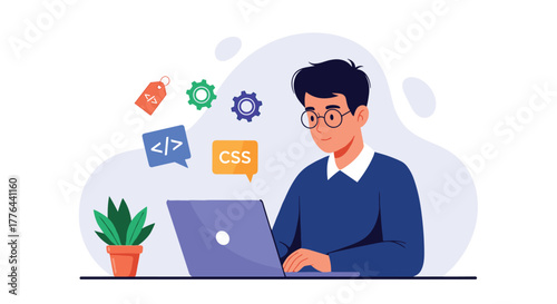 Young man wearing glasses working on a laptop with coding and design elements around him.