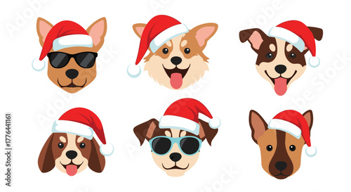 Six cute cartoon dog faces wearing Santa hats and festive accessories for Christmas.