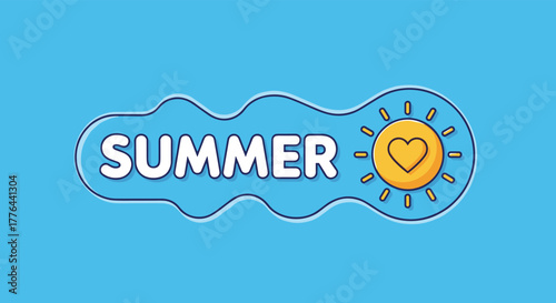 Summer time cloud shaped banner with sun and heart icon.