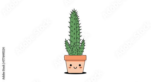 Cute potted cactus with a happy face and blushing cheeks, cartoon style.