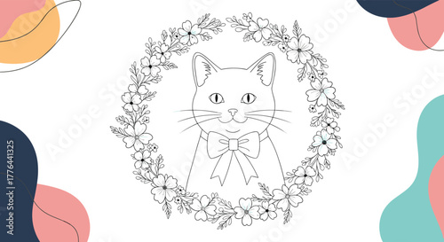 Outline illustration of a cute cat wearing a bow tie, framed by a delicate floral wreath, on a white background.