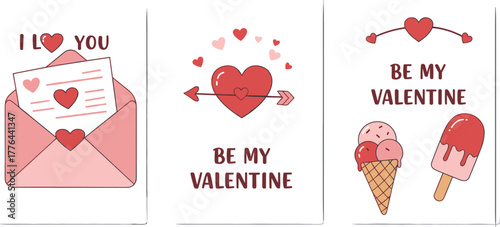Valentine’s Day love cards, romantic envelope, heart arrows, ice cream treats, cute festive illustration, red pink holiday design, vector art