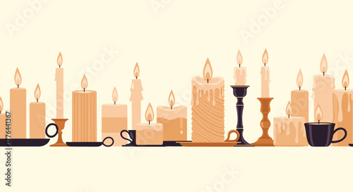 A collection of burning candles in various shapes and sizes, set against a pale background.