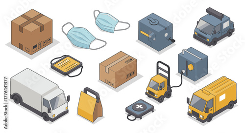 Collection of isometric delivery and medical supply elements featuring trucks and boxes