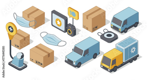 Isometric delivery icons: masks, packages, and vehicles for logistics and safety