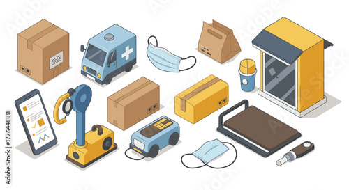 Isometric delivery and logistics icons featuring packaging and technology elements