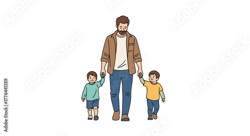 Father walking hand in hand with his two young sons on a white background.