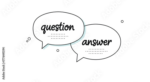 Two speech bubbles with the words question and answer written in a script font, representing a dialogue.
