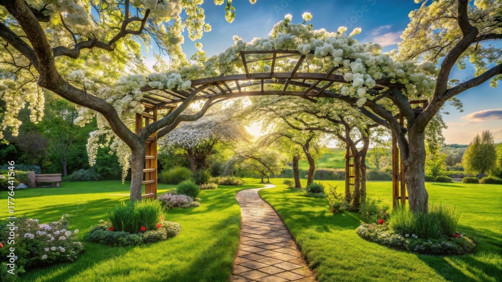 Obraz premium Serene Garden Path Under Blossoming Archway, Sunlight Dappling Green Lawn and Vibrant Flowers