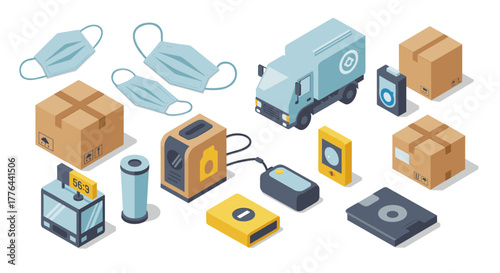 Isometric delivery truck with packaging and medical masks