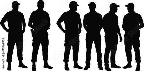 Silhouette of six men in caps, casual tactical clothing, standing in relaxed poses, team formation, security personnel, vector illustration, isolated on white