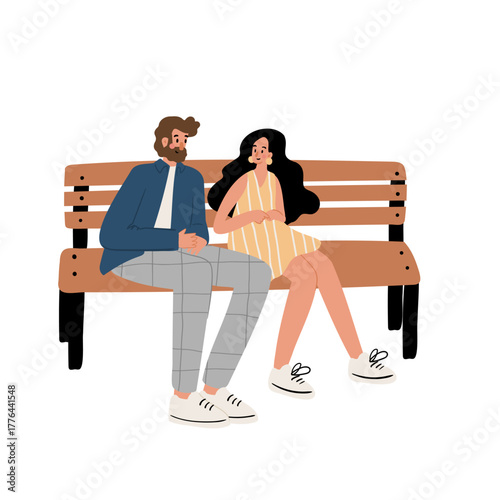 Flat vector illustration of romantic couple on bench. Caucasian woman in dress and man in suit sit together, smiling and talking. Modern lifestyle, boyfriend and girlfriend scene.