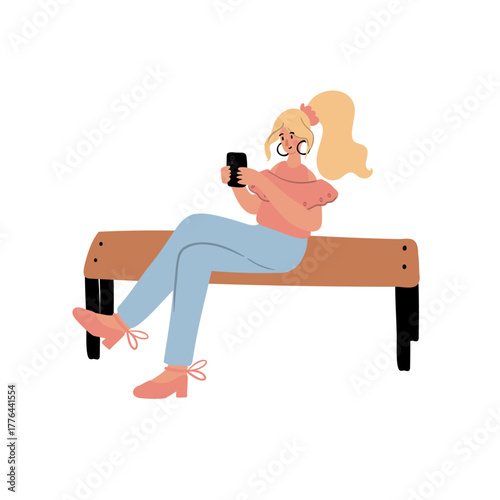 Flat vector illustration of Caucasian blonde girl on bench. Female character in jeans and heels sits while texting on smartphone, relaxed modern adult woman in casual style.