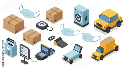 Isometric delivery and technology icons with packages and gadgets