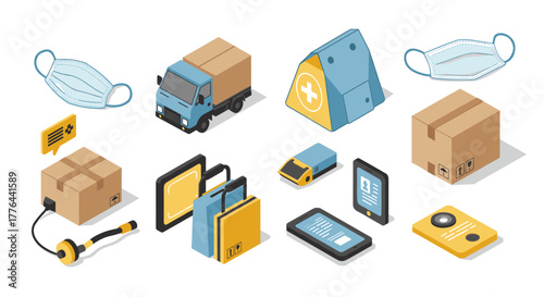 Isometric health and delivery concept with masks and packages
