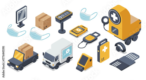 Isometric medical delivery and protection equipment with masks and vehicles