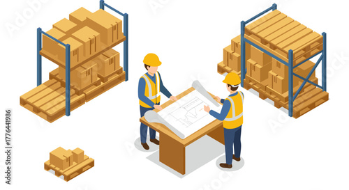 Warehouse planning meeting with engineers reviewing blueprint and organizing stock on shelves