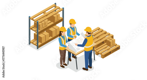 Construction planning in warehouse environment with team analyzing blueprints