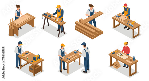 Isometric carpentry workshop: workers crafting with tools, lumber, and equipment