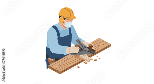 Carpenter planing wood in isometric style with safety gear