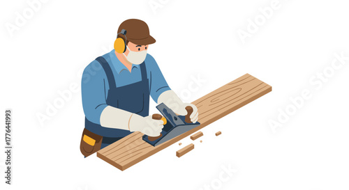 Carpenter in safety gear using plane tool on wooden plank for precise woodworking