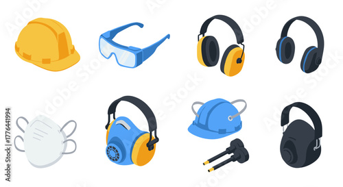 Safety equipment icons set featuring hard hats, ear protection, goggles, and respirators in isometric style