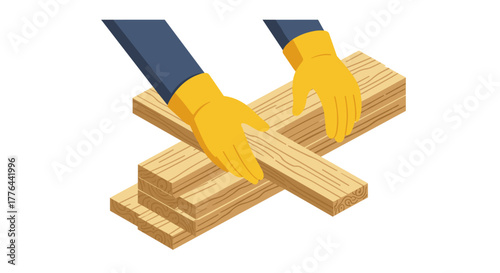 Precision hands aligning wooden planks in isometric style