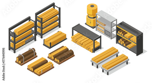 Isometric wood storage and processing equipment with logs and lumber