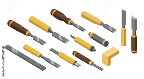 Isometric set of carpenter tools with chisels and files in yellow and brown tones