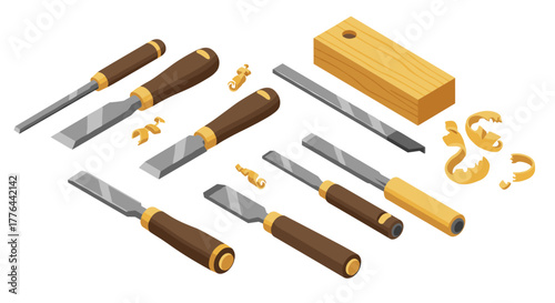 Isometric woodworking carving tools set with wooden block and shavings