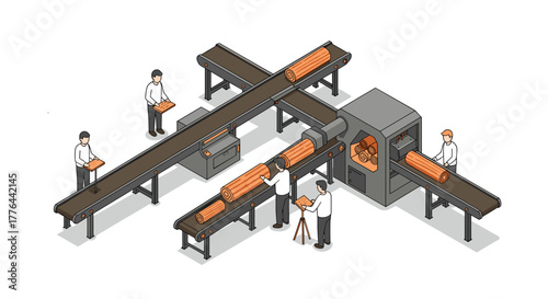 Automated wood processing factory isometric design with workers and machinery