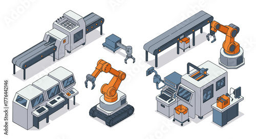 Isometric factory automation with robotics and conveyor systems for modern manufacturing