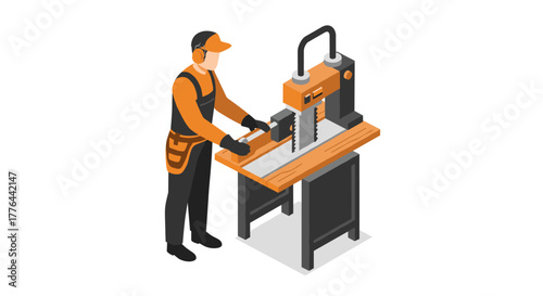 Isometric woodworker using table saw in workshop setting