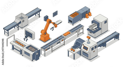 Isometric factory automation with robotic arms and conveyor belts
