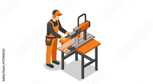 Isometric carpenter operating industrial drill press machine in workshop setting