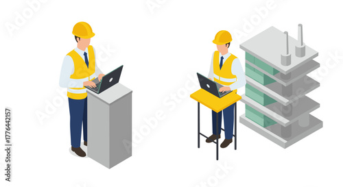 Isometric construction workers with laptops and building model
