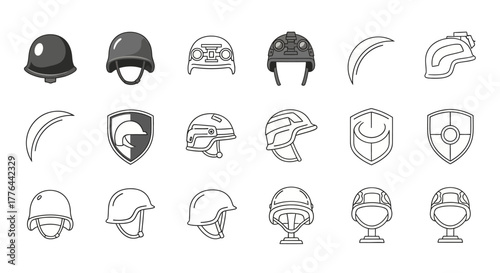Vector illustrations showcasing a wide range of protective helmets and shields, including military, historical, and sports designs.