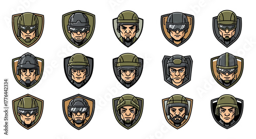 Collection of stylized military portraits, each within a shield-shaped emblem, showcasing diverse helmet designs.