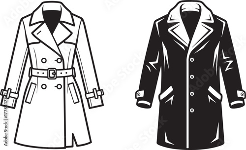 Vector illustration of two classic coats, a trench coat and an overcoat.