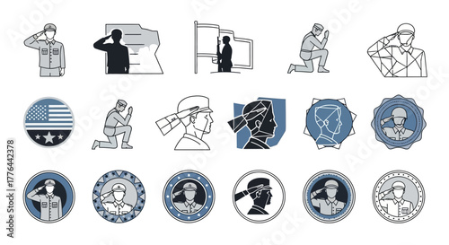 Collection of stylized icons depicting soldiers saluting, kneeling in remembrance, and standing at attention with flags, representing military service and patriotism.