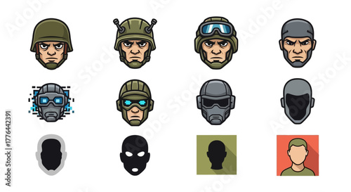 A collection of various stylized illustrations depicting military personnel and head silhouettes.