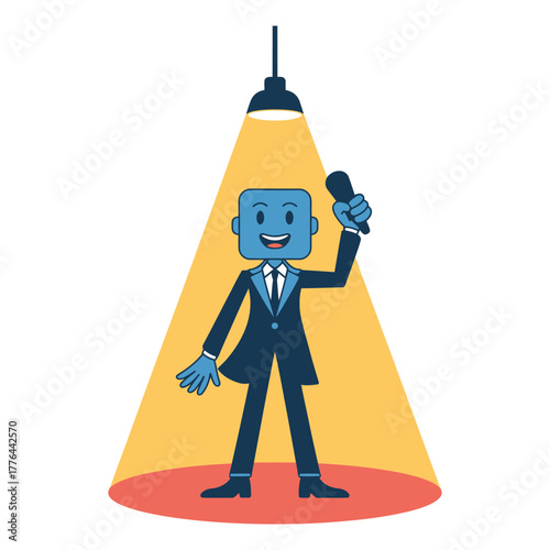 A cartoon character in a suit stands under a spotlight holding a microphone.